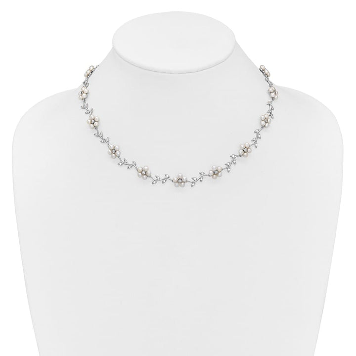 Sterling Silver Pattern and Cultured Pearl Floral 16 inch Necklace