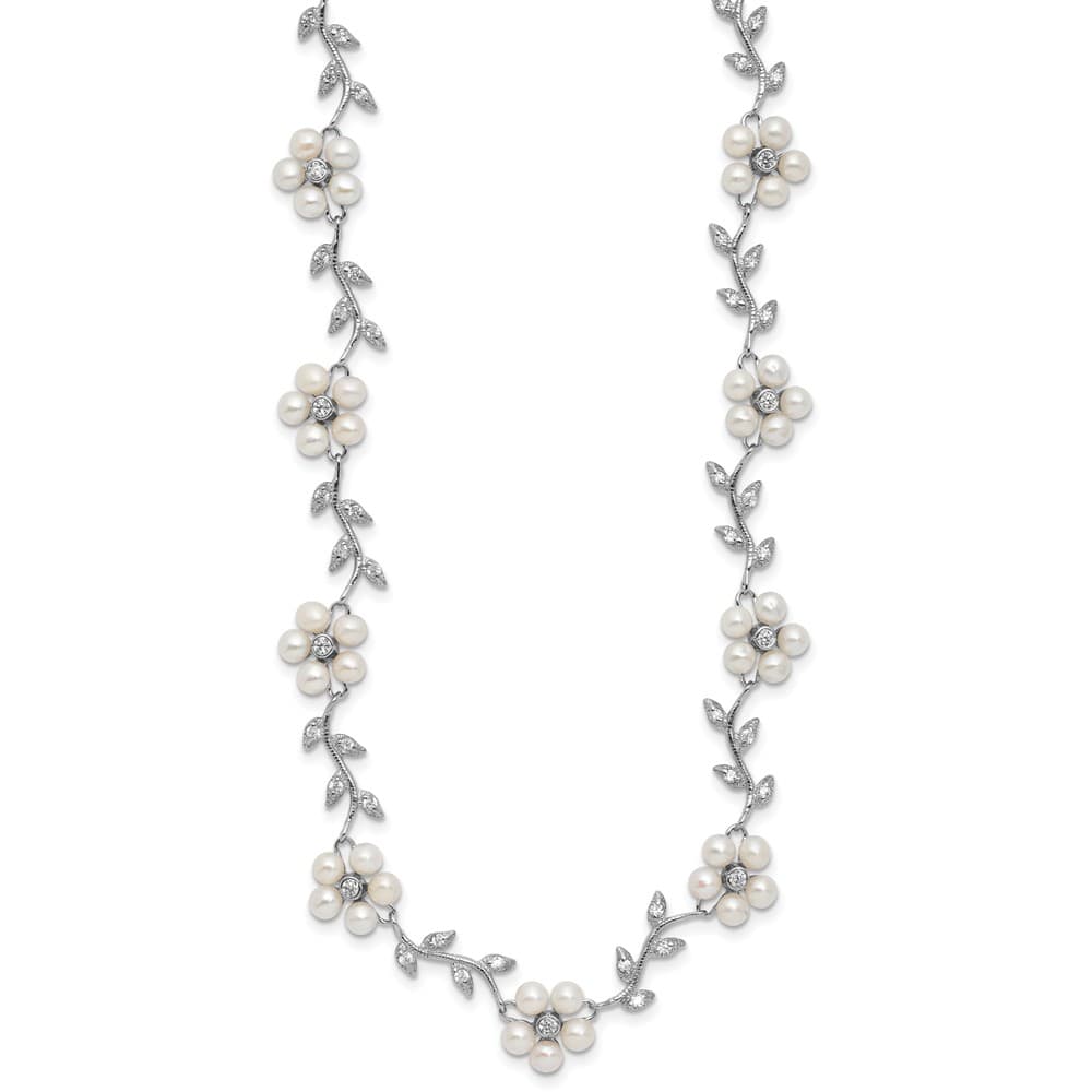 Sterling Silver Pattern and Cultured Pearl Floral 16 inch Necklace
