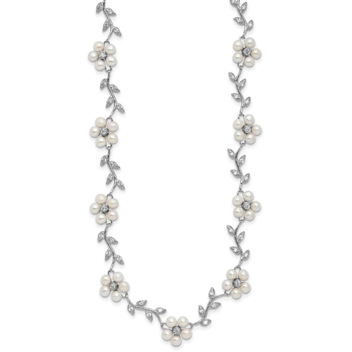 Sterling Silver Pattern and Cultured Pearl Floral 16 inch Necklace