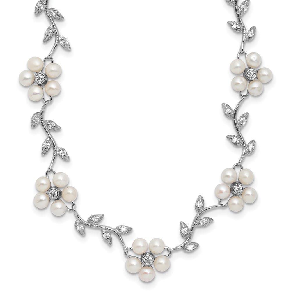 Sterling Silver Pattern and Cultured Pearl Floral 16 inch Necklace