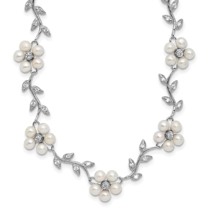 Sterling Silver Pattern and Cultured Pearl Floral 16 inch Necklace