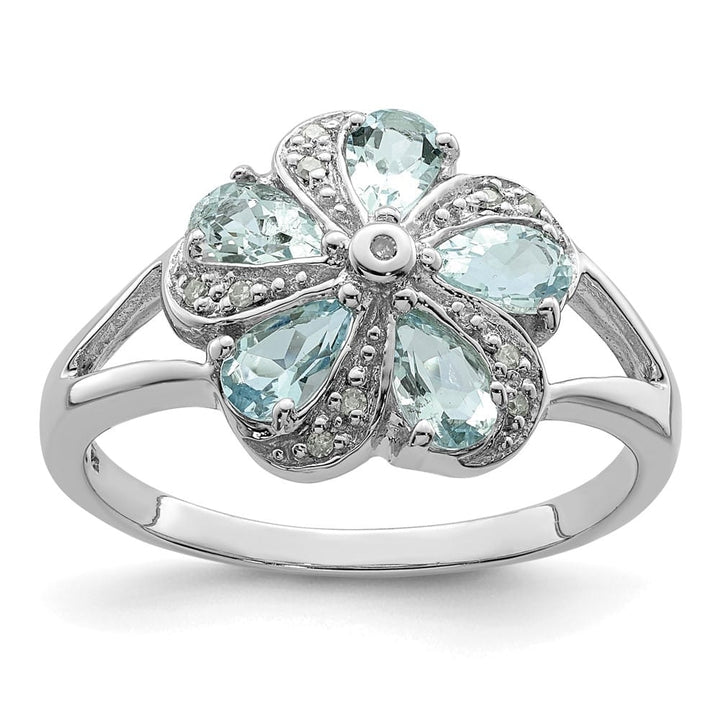 Sterling Silver Pear Aquamarine Diamond Ring
