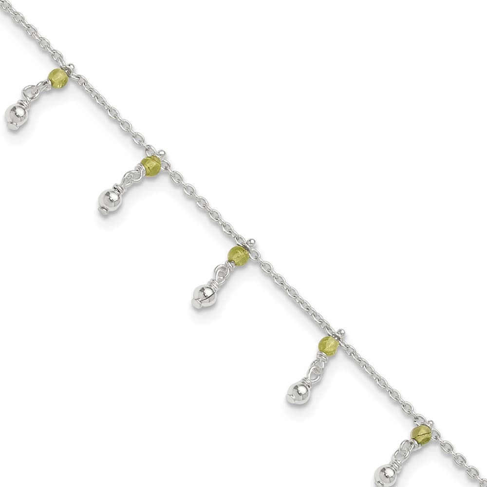 Sterling Silver Peridot Beads Anklet — .925 sterling silver, 9 inches long, 1 mm wide, spring ring clasp, 3.33 g