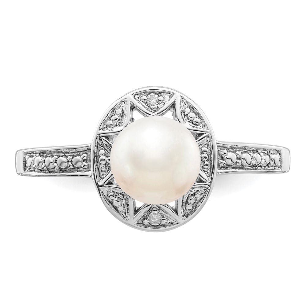 Sterling Silver Petal Halo Diamond and Cultured Pearl 6.0-6.5 mm Ring
