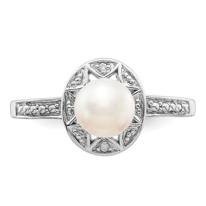 Sterling Silver Petal Halo Diamond and Cultured Pearl 6.0-6.5 mm Ring