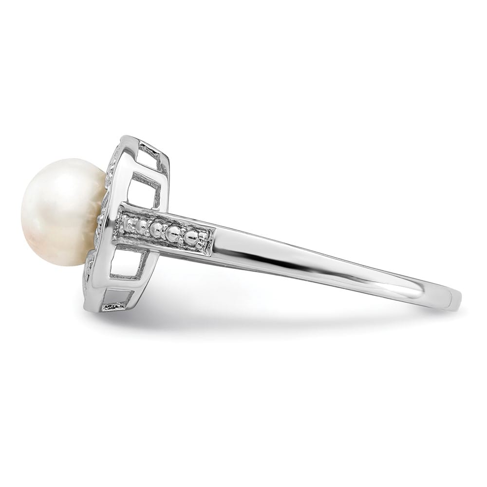 Sterling Silver Petal Halo Diamond and Cultured Pearl 6.0-6.5 mm Ring