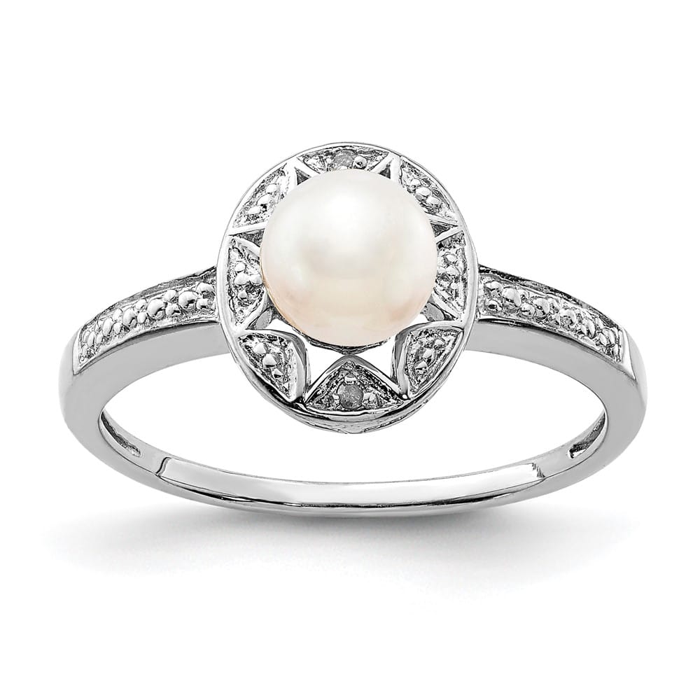 Sterling Silver Petal Halo Diamond and Cultured Pearl 6.0-6.5 mm Ring