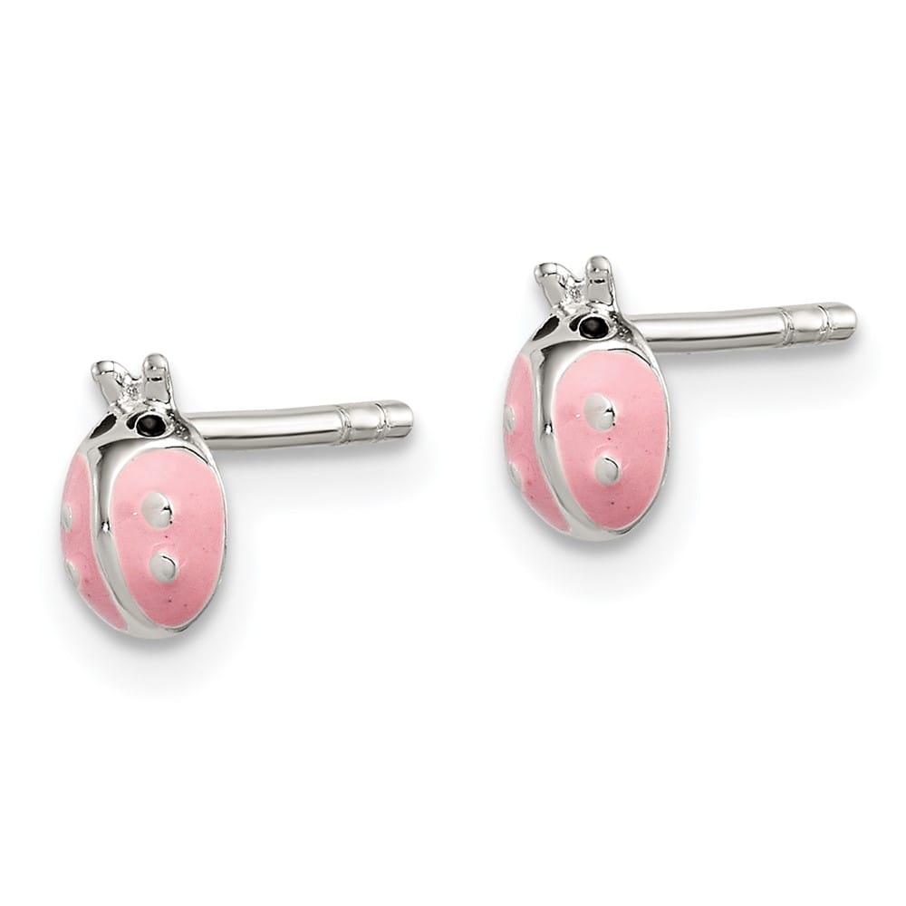 Sterling Silver Pink and Black Enameled Ladybug Petite Post Earrings