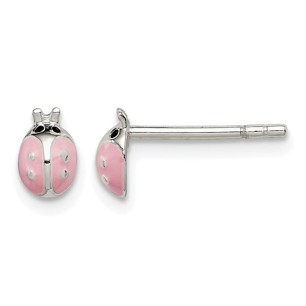 Sterling Silver Pink and Black Enameled Ladybug Petite Post Earrings