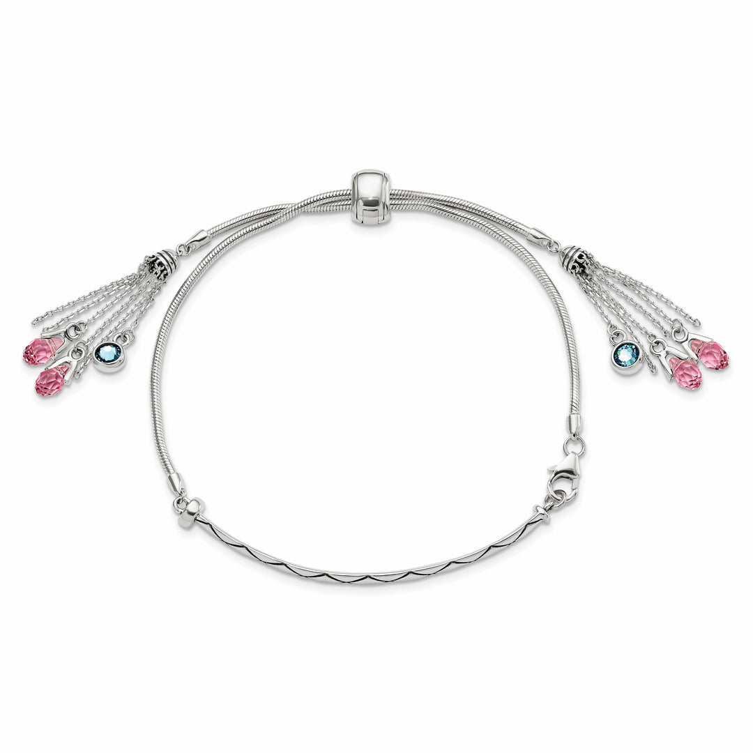 Sterling Silver Pink and Blue Crystal Adjustable Bolo Bracelet
