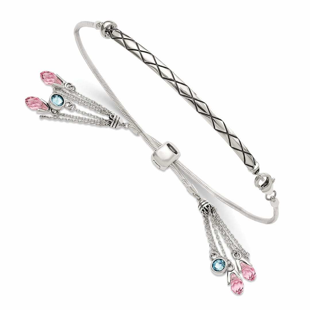 Sterling Silver Pink and Blue Crystal Adjustable Bolo Bracelet