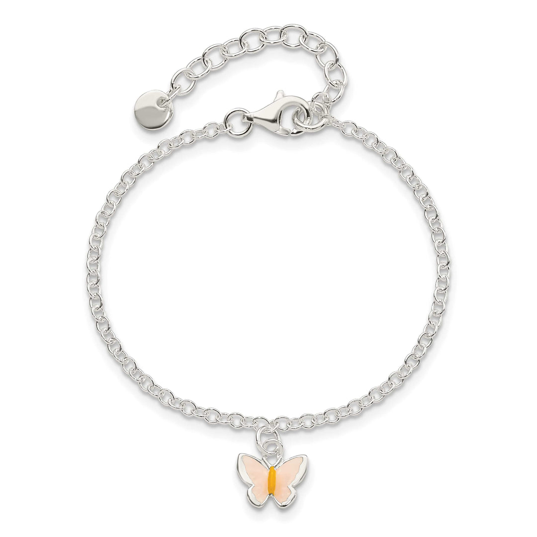 Sterling Silver Pink and Orange Enamel Butterfly 5.5 Inch Bracelet