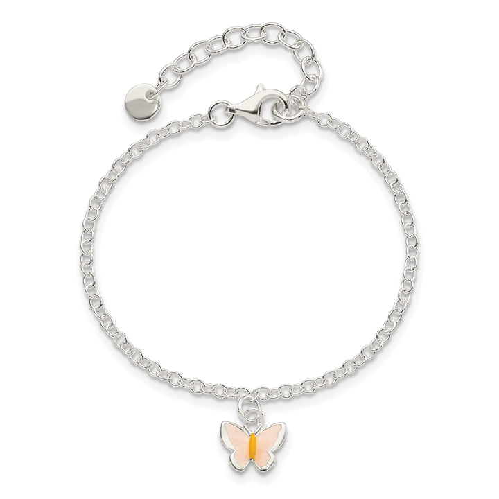 Sterling Silver Pink and Orange Enamel Butterfly 5.5 Inch Bracelet