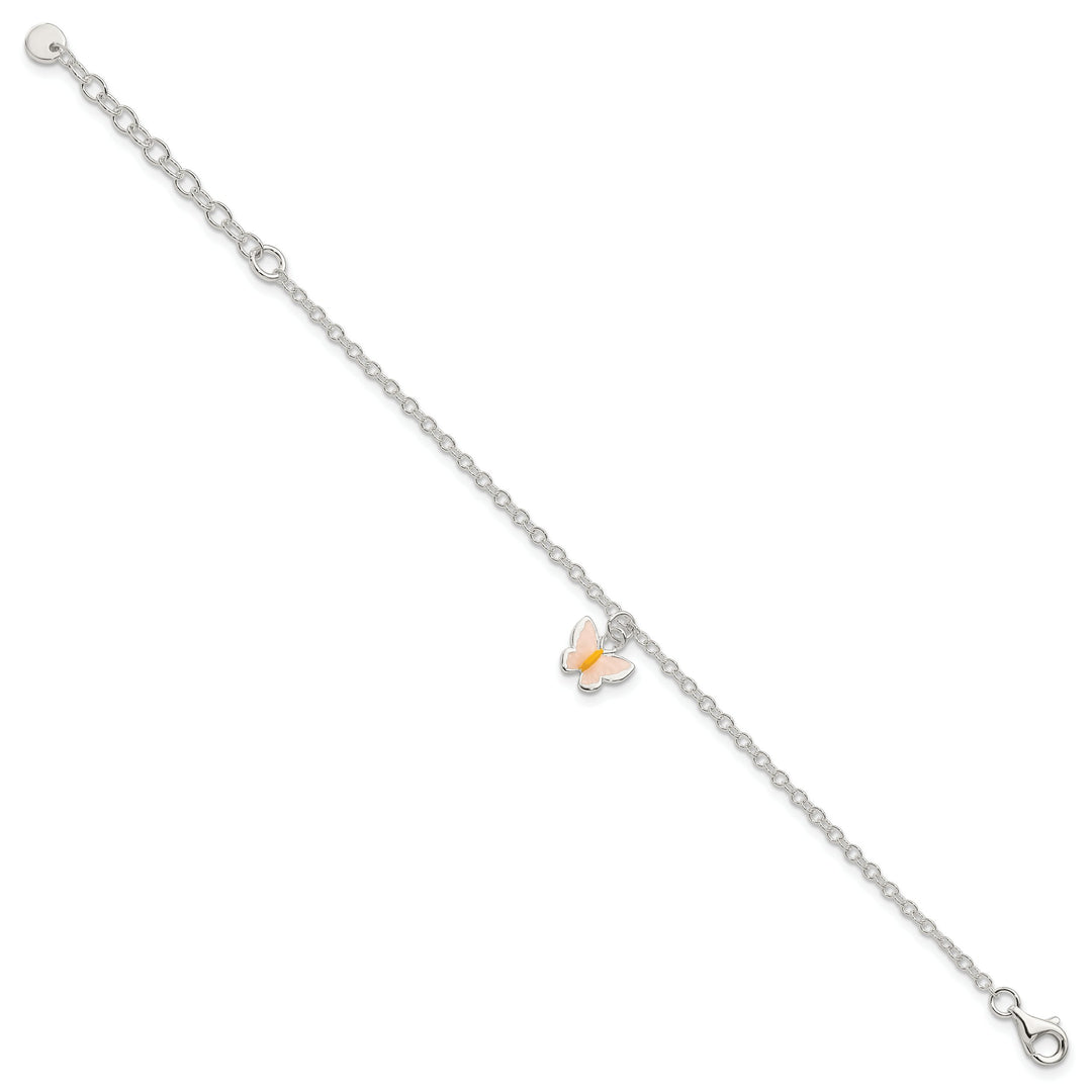 Sterling Silver Pink and Orange Enamel Butterfly 5.5 Inch Bracelet