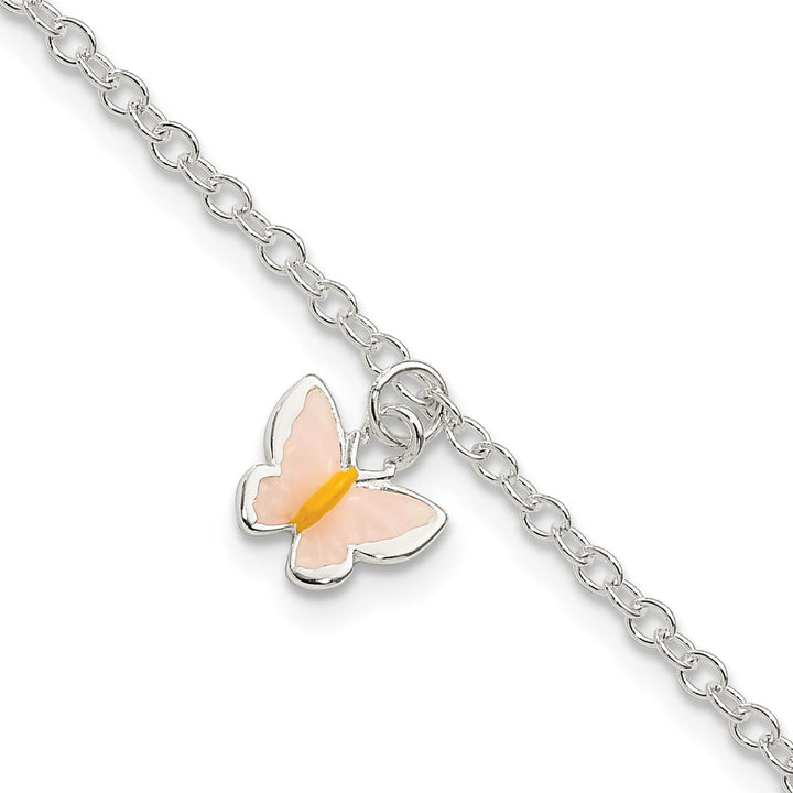Sterling Silver Pink and Orange Enamel Butterfly 5.5 Inch Bracelet