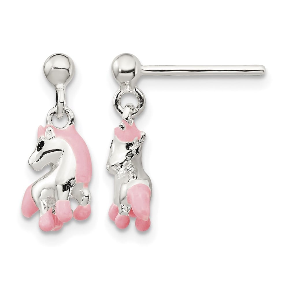 Sterling Silver Pink & Black Enameled Horse Post Dangle Earrings