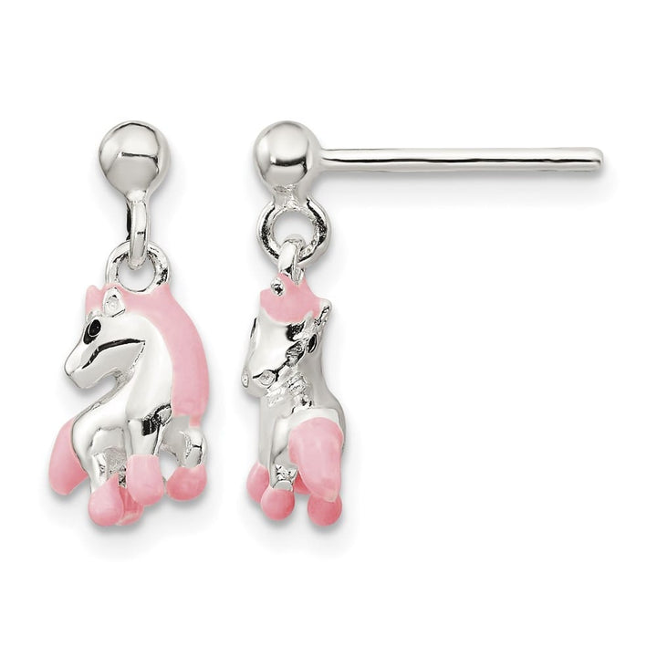 Sterling Silver Pink & Black Enameled Horse Post Dangle Earrings