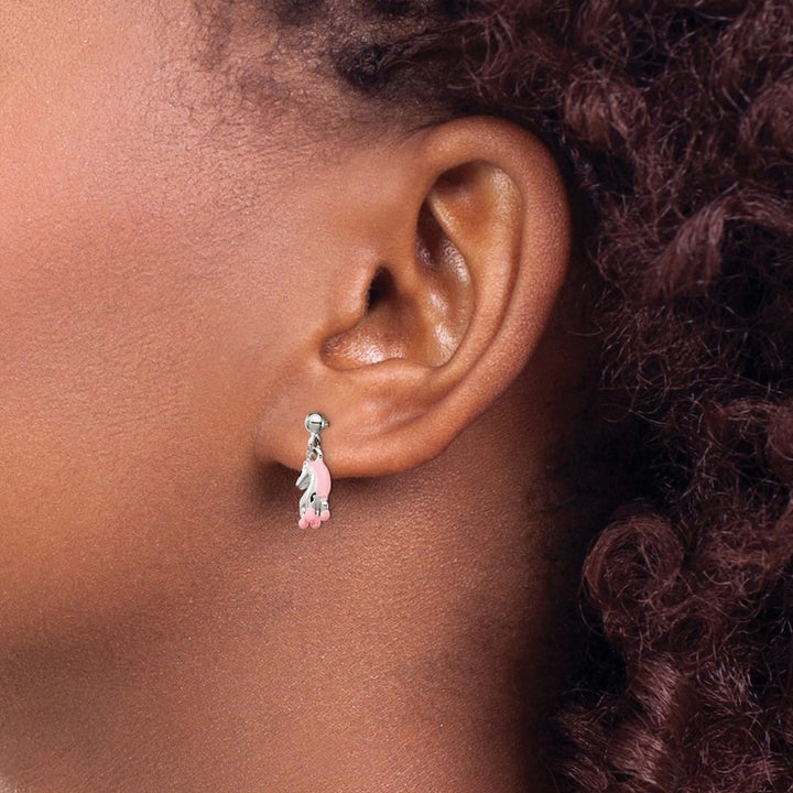 Sterling Silver Pink & Black Enameled Horse Post Dangle Earrings