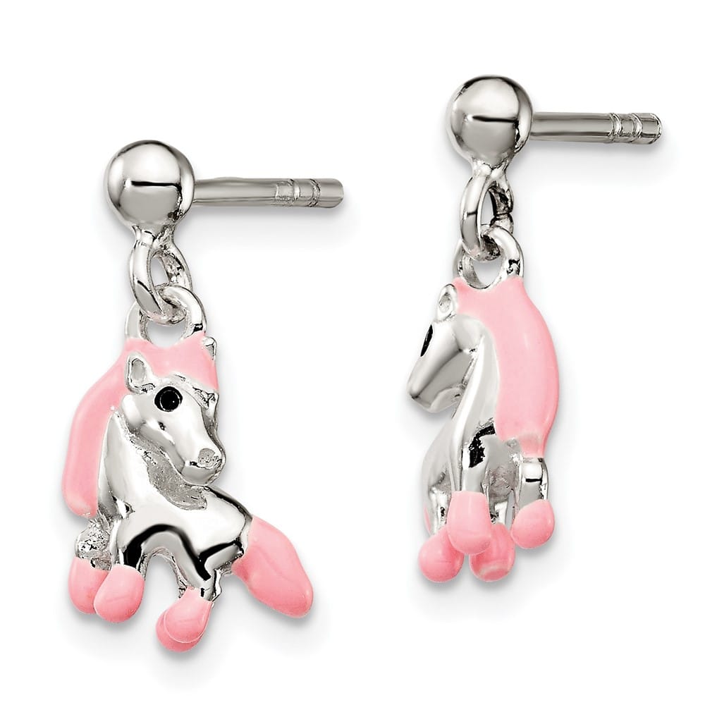 Sterling Silver Pink & Black Enameled Horse Post Dangle Earrings