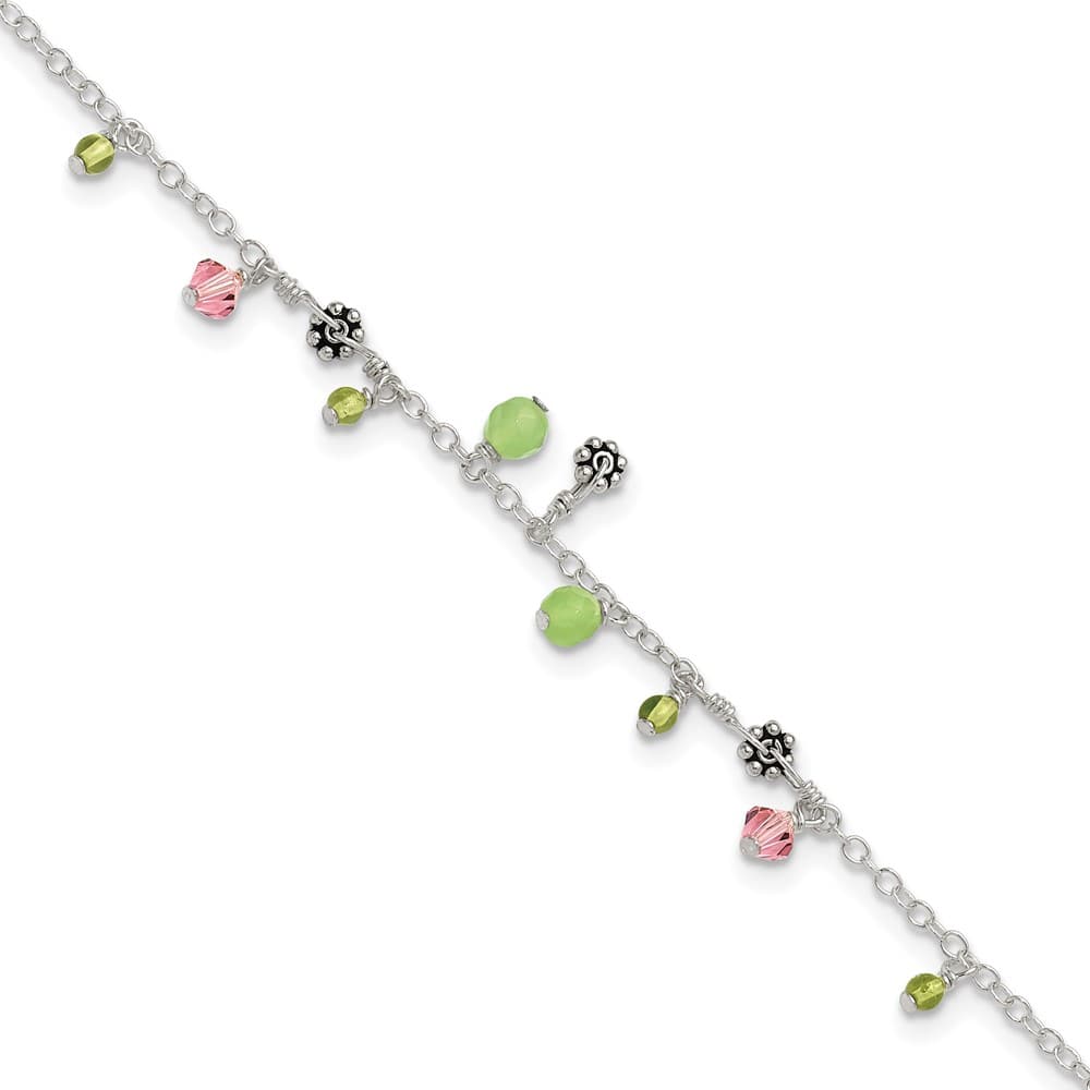 Sterling Silver Pink Crystal Green Quartz Peridot Beads Anklet — .925 sterling silver, 9 inches long, 1 mm wide, spring ring clasp, 2.45 g