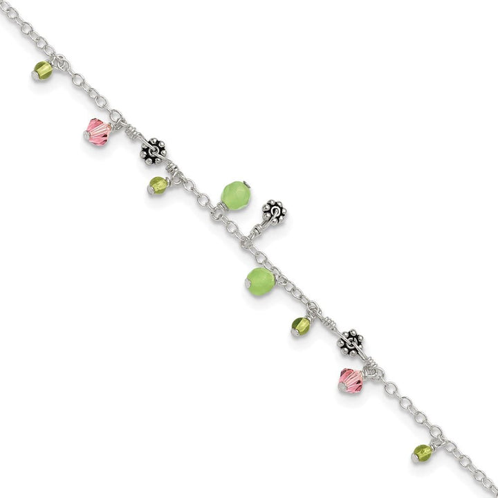 Sterling Silver Pink Crystal Green Quartz Peridot Beads Anklet — .925 sterling silver, 9 inches long, 1 mm wide, spring ring clasp, 2.45 g
