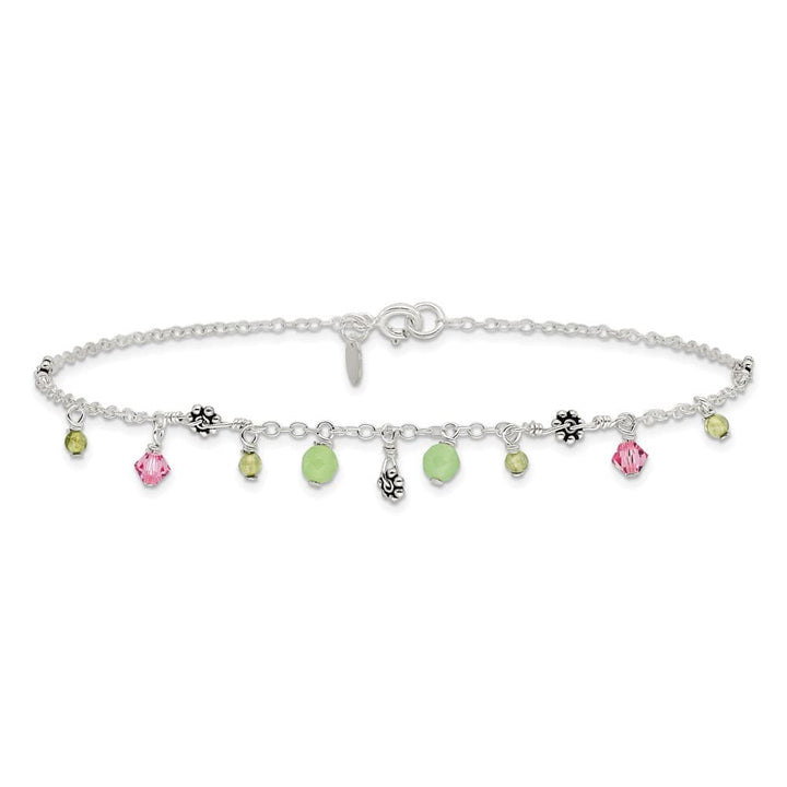 Sterling Silver Pink Crystal Green Quartz Peridot Beads Anklet