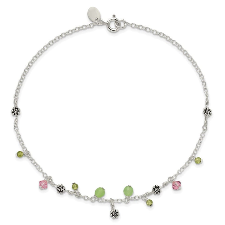 Sterling Silver Pink Crystal Green Quartz Peridot Beads Anklet