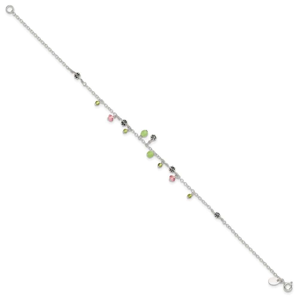 Sterling Silver Pink Crystal Green Quartz Peridot Beads Anklet