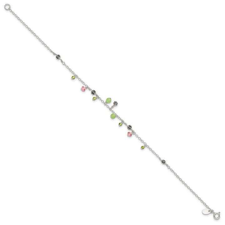 Sterling Silver Pink Crystal Green Quartz Peridot Beads Anklet