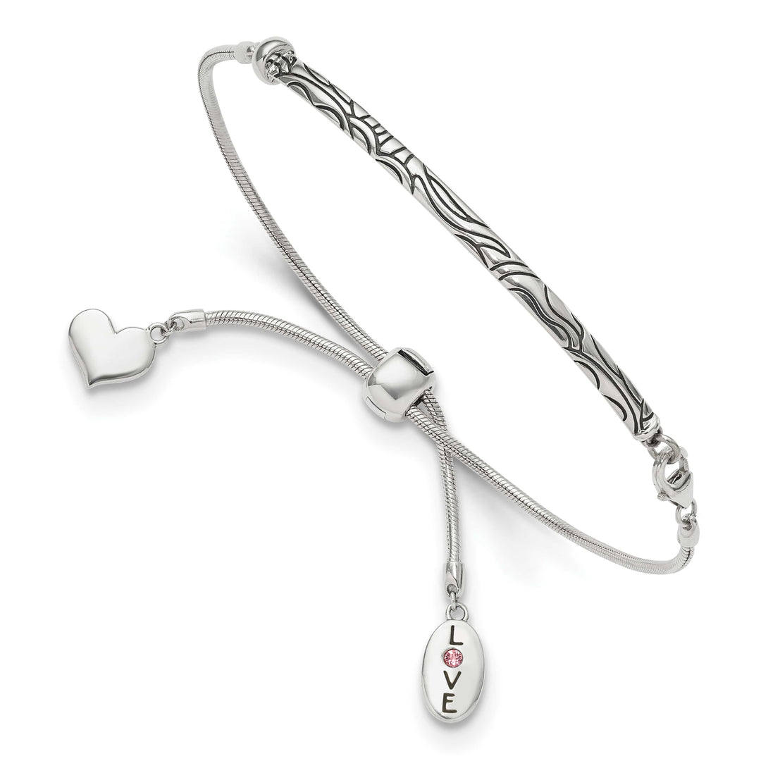 Sterling Silver Pink Crystal LOVE/Heart Adjustable Bolo Bracelet