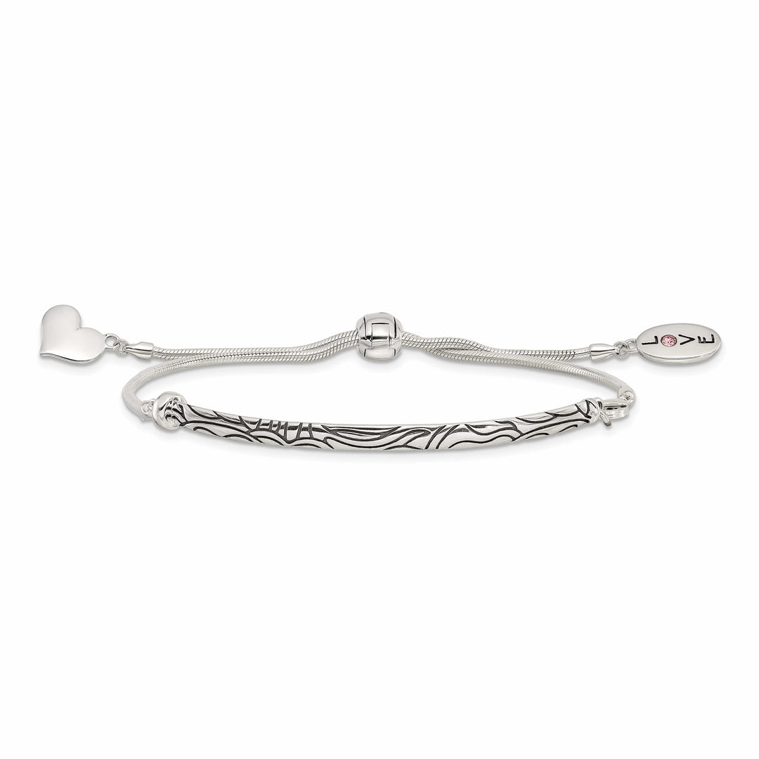 Sterling Silver Pink Crystal LOVE/Heart Adjustable Bolo Bracelet