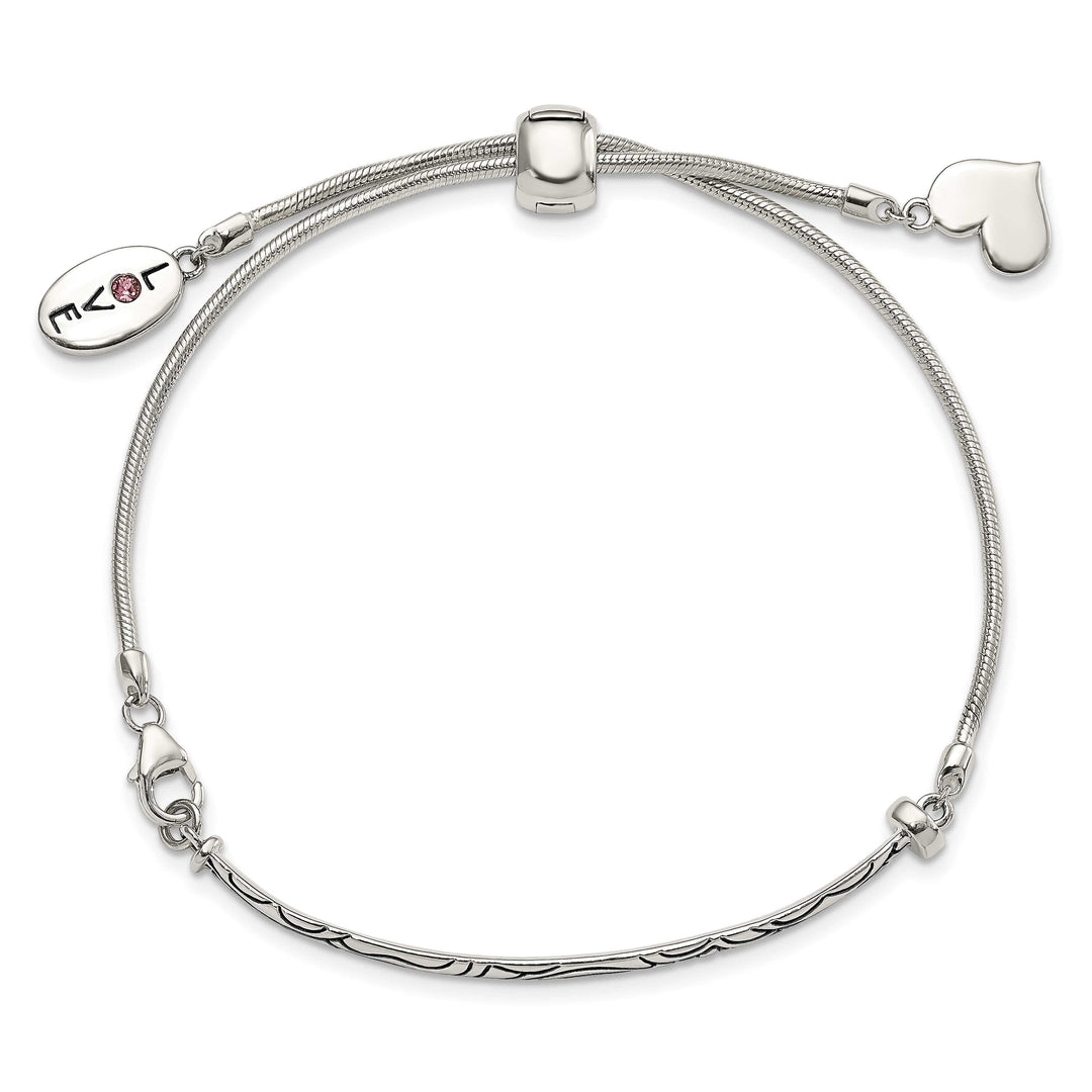 Sterling Silver Pink Crystal LOVE/Heart Adjustable Bolo Bracelet