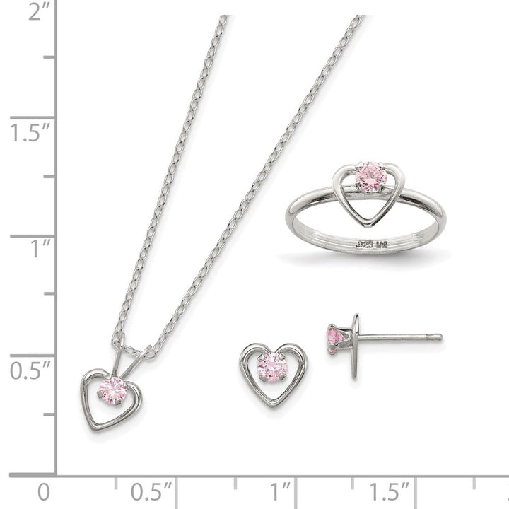 Sterling Silver Pink CZ Heart Children's Necklace, Ring & Earring Set
