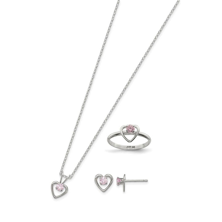 Sterling Silver Pink CZ Heart Children's Necklace, Ring & Earring Set