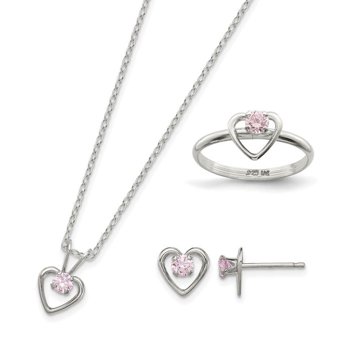 Sterling Silver Pink CZ Heart Children's Necklace, Ring & Earring Set