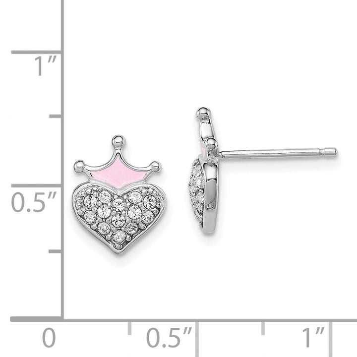 Sterling Silver Pink Enamel Crown & Crystal Heart Post Earrings