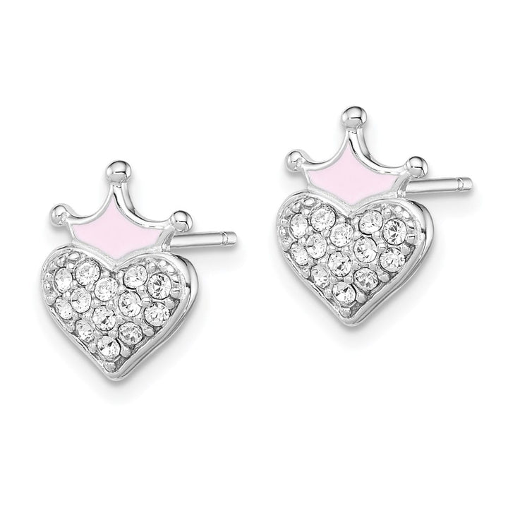 Sterling Silver Pink Enamel Crown & Crystal Heart Post Earrings