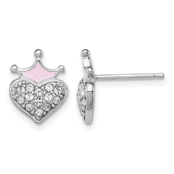 Sterling Silver Pink Enamel Crown & Crystal Heart Post Earrings