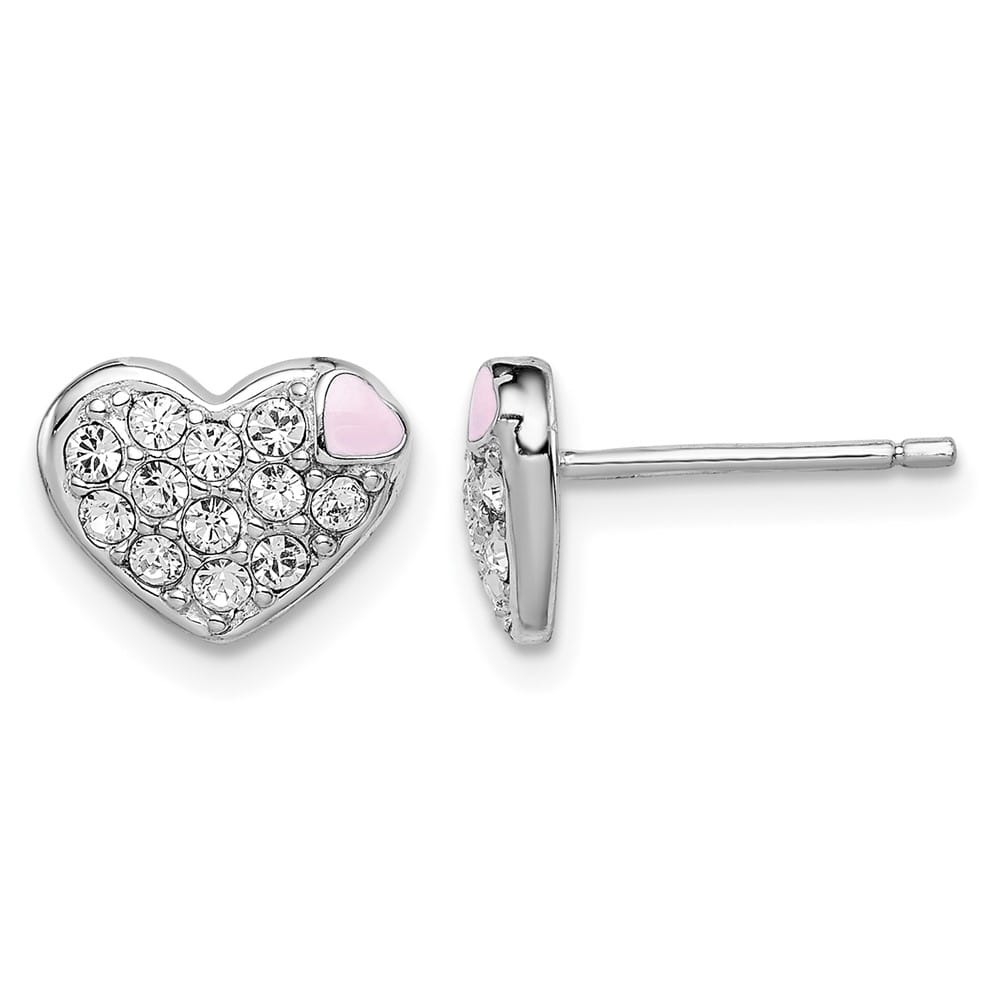 Sterling Silver Pink Enamel & Crystal Heart Post Earrings