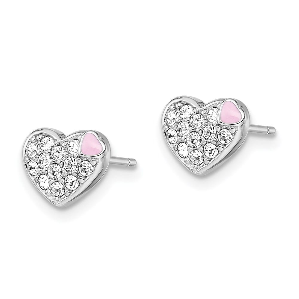 Sterling Silver Pink Enamel & Crystal Heart Post Earrings