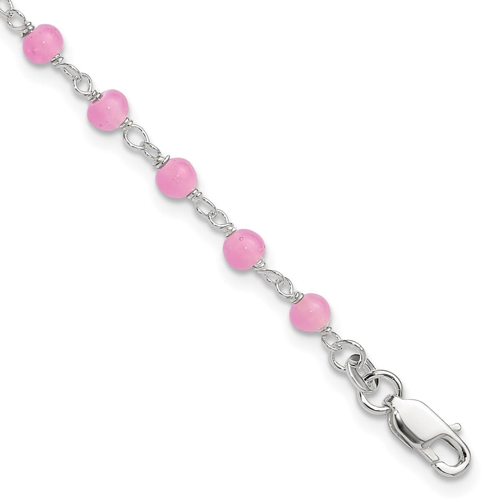 Sterling Silver Pink Glass Bead with Heart Dangle Anklet — .925 sterling silver, 9 inches long, 1 inch extension, 6 mm wide, spring ring clasp, 4.95 g
