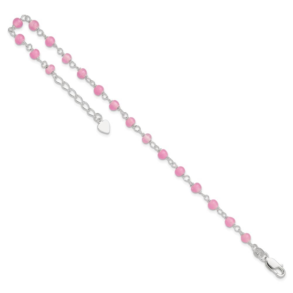 Sterling Silver Pink Glass Bead with Heart Dangle Anklet