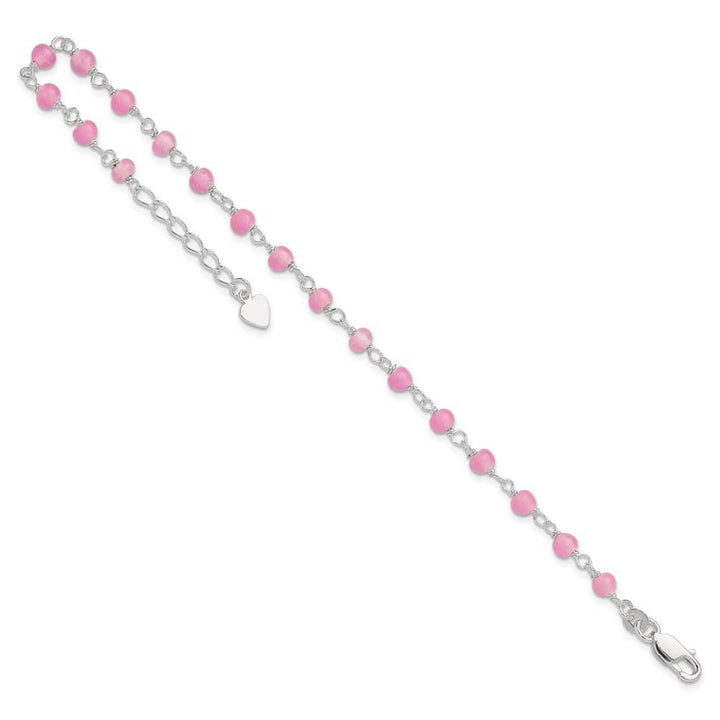 Sterling Silver Pink Glass Bead with Heart Dangle Anklet