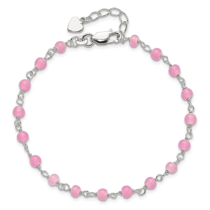 Sterling Silver Pink Glass Bead with Heart Dangle Anklet