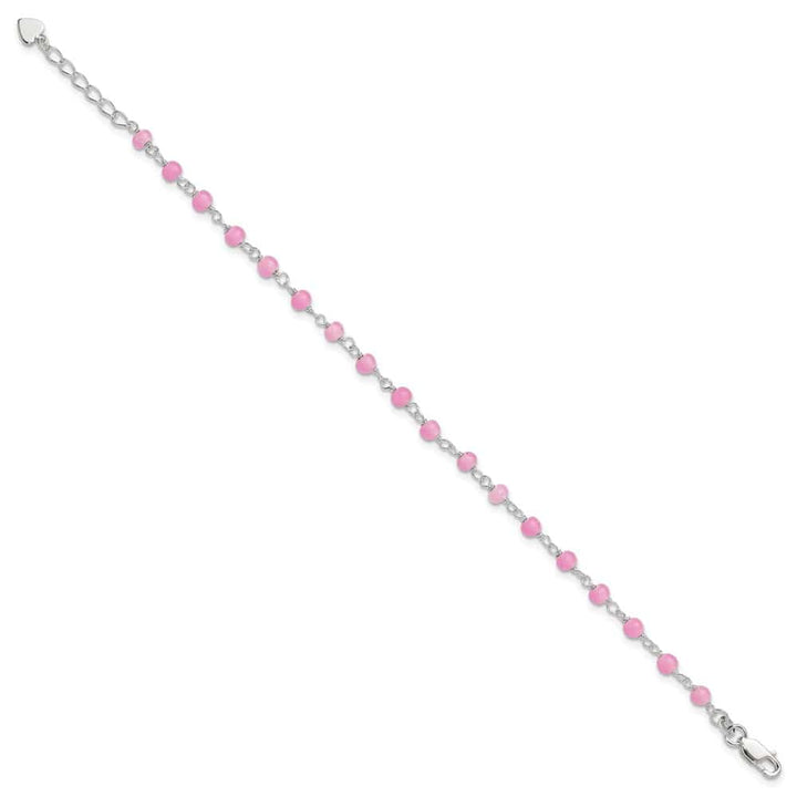 Sterling Silver Pink Glass Bead with Heart Dangle Anklet