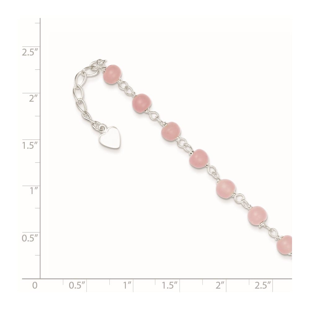 Sterling Silver Pink Glass Bead with Heart Dangle Anklet