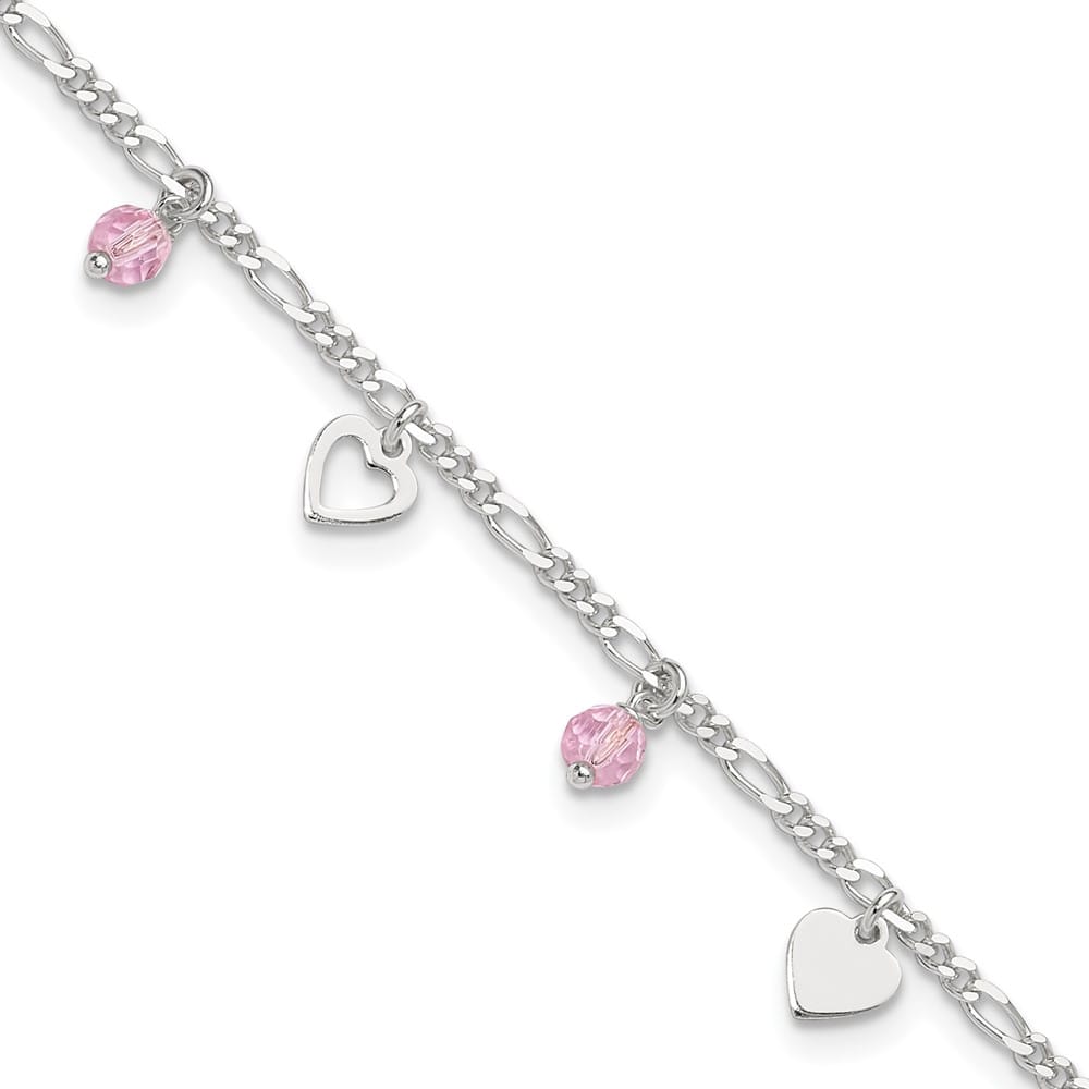 Sterling Silver Pink Glass Beads and Hearts Anklet — .925 sterling silver, 10 inches long, 1 inch extension, 2 mm wide, lobster clasp, 4.26 g