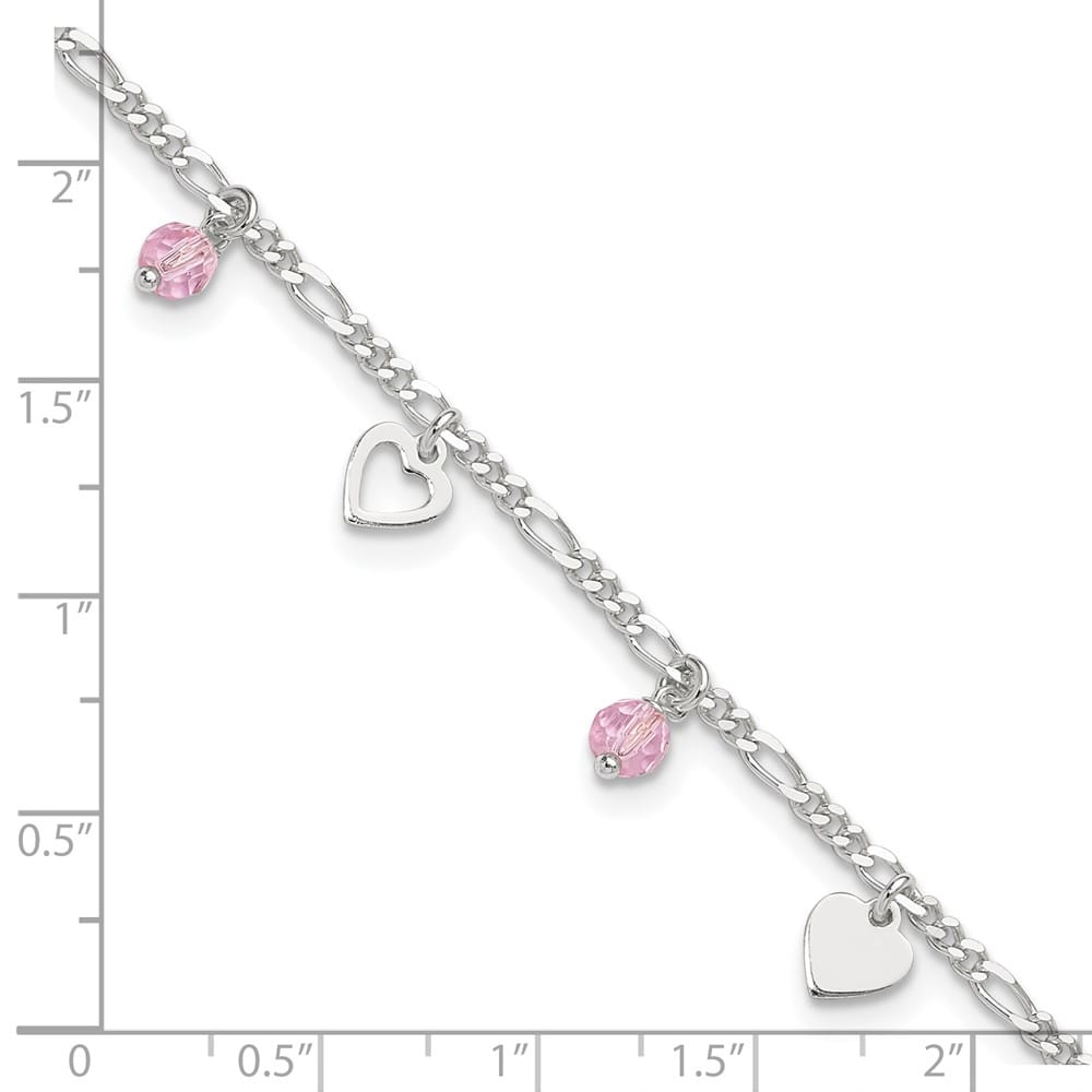 Sterling Silver Pink Glass Beads and Hearts Anklet