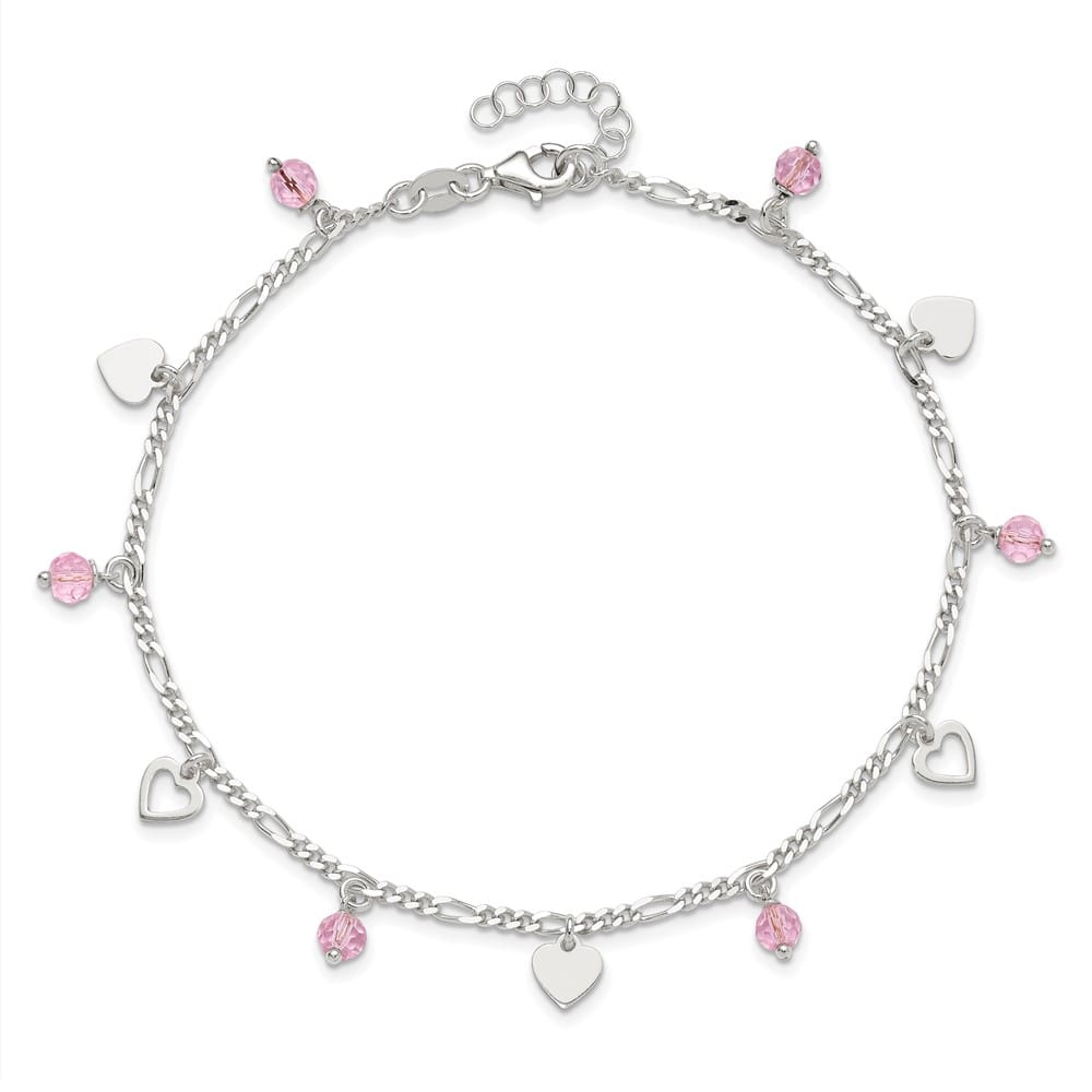 Sterling Silver Pink Glass Beads and Hearts Anklet