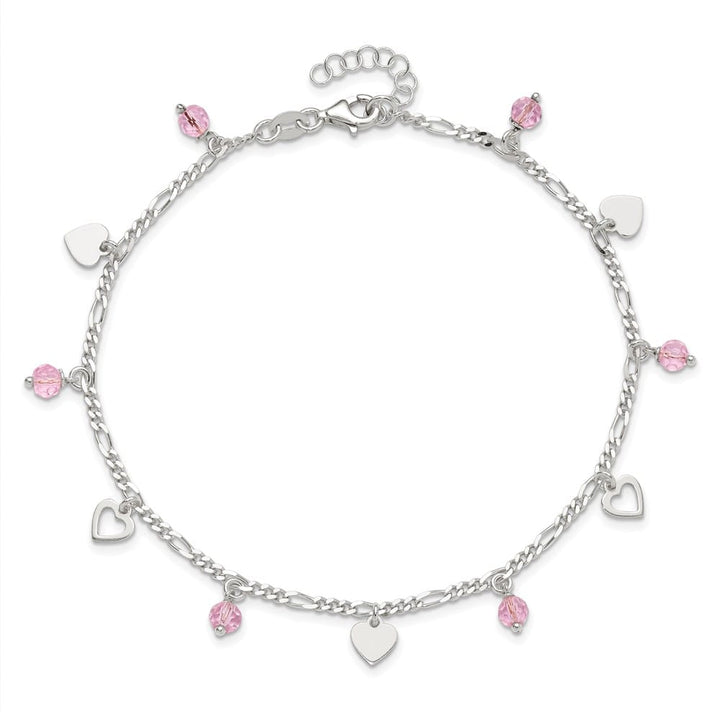 Sterling Silver Pink Glass Beads and Hearts Anklet